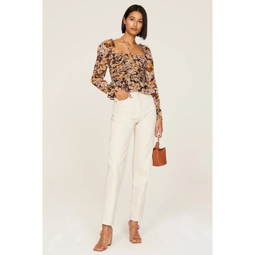 ASTR The‎ Label Toni Floral Peplum Top Brown& Yellow Front Keyhole Cut-Out Fairy